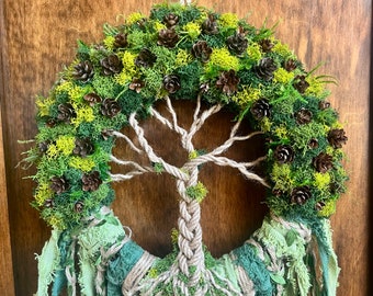 Tree of Life Witch Bells, 9 Inch Mossy Wreath, Spring Ostara Decor, Housewarming Gifts, Spirit Altar Bells, Earthy Pagan, MADE TO ORDER