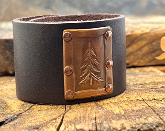 Pine Tree Evergreen, Copper & Leather Cuff Bracelet, Tree of Life, Hand Carved, Brown Leather Adjustable Cuff, Size 6.75-8, Earthy Rustic