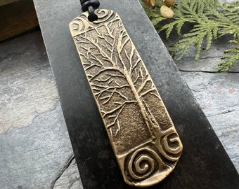 Tree of Life Bronze Pendant, Irish Celtic Jewelry, Long Tree Necklace, Celtic Spirals, Sliding Knot Leather Cord, Hand Carved Designs