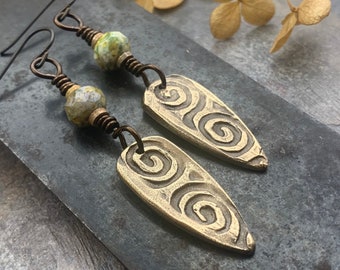 Bronze Shield Earrings, Celtic Spiral Texture, Czech Glass Beads, Hypoallergenic Ear Wires, Light Dangle Earrings, Teardrop Shield, Handmade