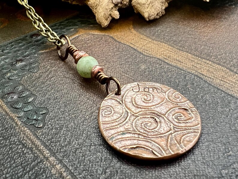 Celtic Sun Spiral Necklace, Copper Patina Pendant, Connemara Marble
