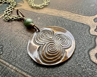 Newgrange Copper Pendant, Connemara Marble, Triskelion Triple Spiral, Irish Celtic Pagan, County Meath, Ireland, Celtic Witch, Irish Gifts