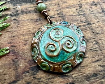 Triskele Copper Pendant, Verdigris Patina, Hand Carved, Connemara Marble, Triskelion Triple Spiral, Irish Celtic Pagan, Newgrange Ireland