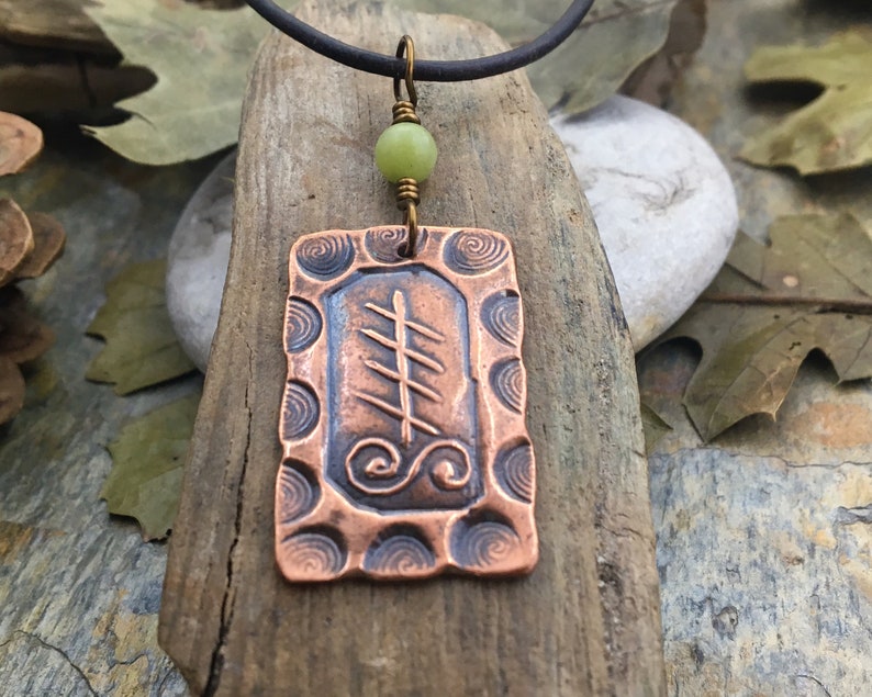 Blackthorn Ogham Charm, Copper Pendant, Celtic Trees, Connemara Marble, Hand Carved, Irish Celtic Spirals, Druid Sacred Trees, Irish Marble image 4