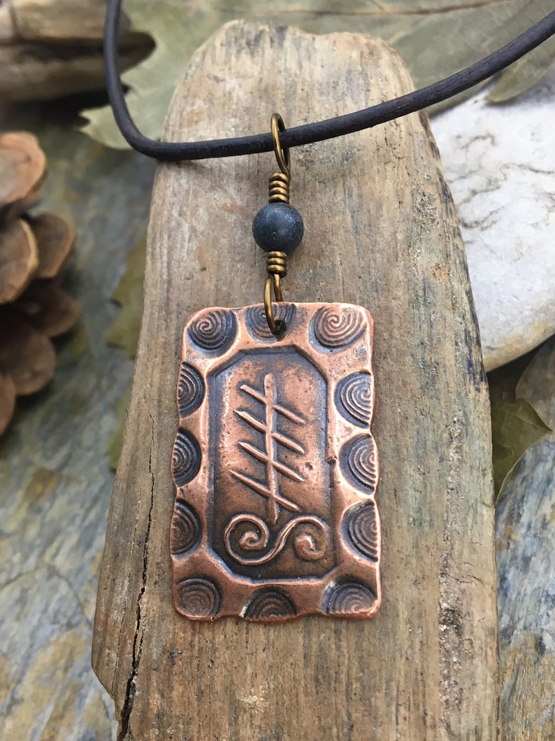 Blackthorn Ogham Charm, Copper Pendant, Celtic Trees, Connemara Marble, Hand Carved, Irish Celtic Spirals, Druid Sacred Trees, Irish Marble image 3