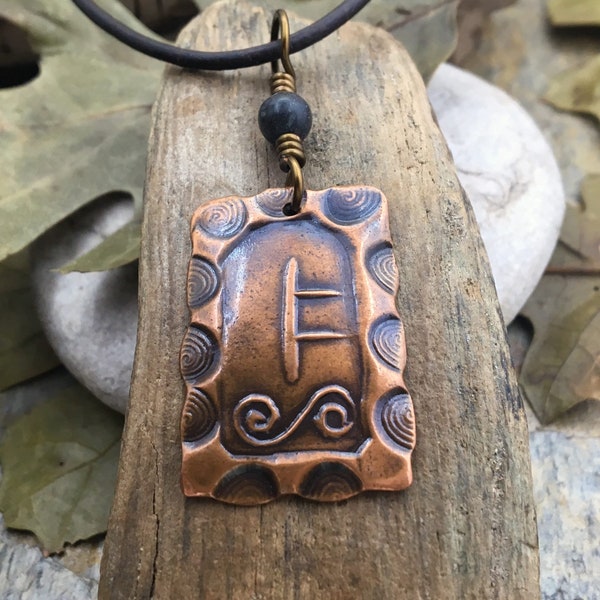 Rowan Tree Ogham Charm, Copper Pendant, Connemara Marble, Hand Carved Ogham, Irish Celtic Spirals, Handmade Art, January 21 to February 17