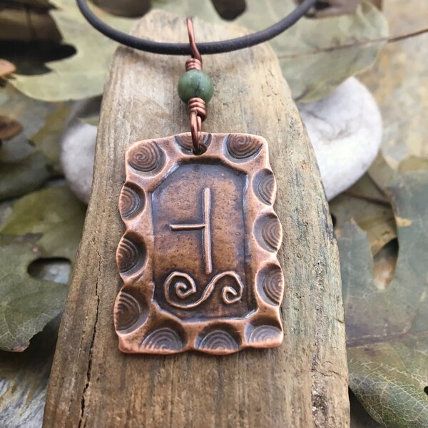 Hawthorn Tree Ogham Charm, Copper Pendant, Connemara Marble, Celtic Tree Astrology, Hand Carved Art, Irish Gaelic Spirals, May 13 – June 9