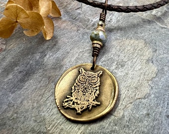 Owl Bronze Pendant, Wax Seal Charm, Czech Glass Bead, Magical Wise, Tree Branches, Pagan Samhain, Celtic Witch Jewelry, Earthy Rustic