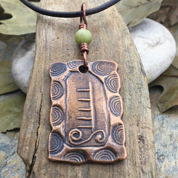 Apple Tree Ogham Charm, Copper Pendant, Connemara Marble, Hand Carved Art, Irish Celtic Spirals, Leather & Vegan Cords, Druid Pagan Trees