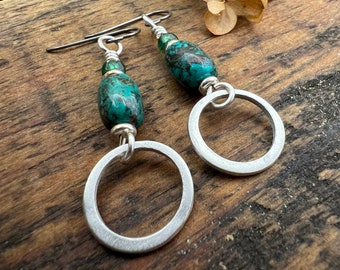 Sterling Silver & Turquoise, Hoop Earrings, Light Everyday Earrings, Hypoallergenic, Niobium Ear Wires, Earthy Rustic Jewelry