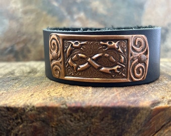 Celtic Hounds, Copper & Leather Cuff Bracelet, Irish Celtic, Unisex Jewelry, Black Leather Adjustable Cuff, Size 6.75-8, Earthy Rustic