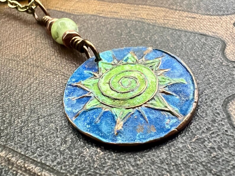 Celtic Sun Spiral Necklace, Copper Patina Pendant, Connemara Marble