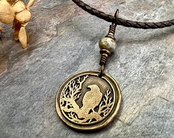 Raven Bronze Pendant, Wax Seal Charm, Czech Glass Bead, Crow Corvid, Tree Branches, Pagan Samhain, Celtic Witch Jewelry, Earthy Rustic