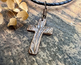 Tree Cross Charm, Copper Pendant, Tree Branches, Irish Celtic, Leather & Vegan Cords, Handmade Art Jewelry, Tree of Life, Men's Cross