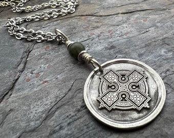 Celtic Cross, Sterling Silver Charm, Connemara Marble, Irish Celtic, Leather & Vegan Cords, Stainless Steel Chain, Silver Cross Necklace