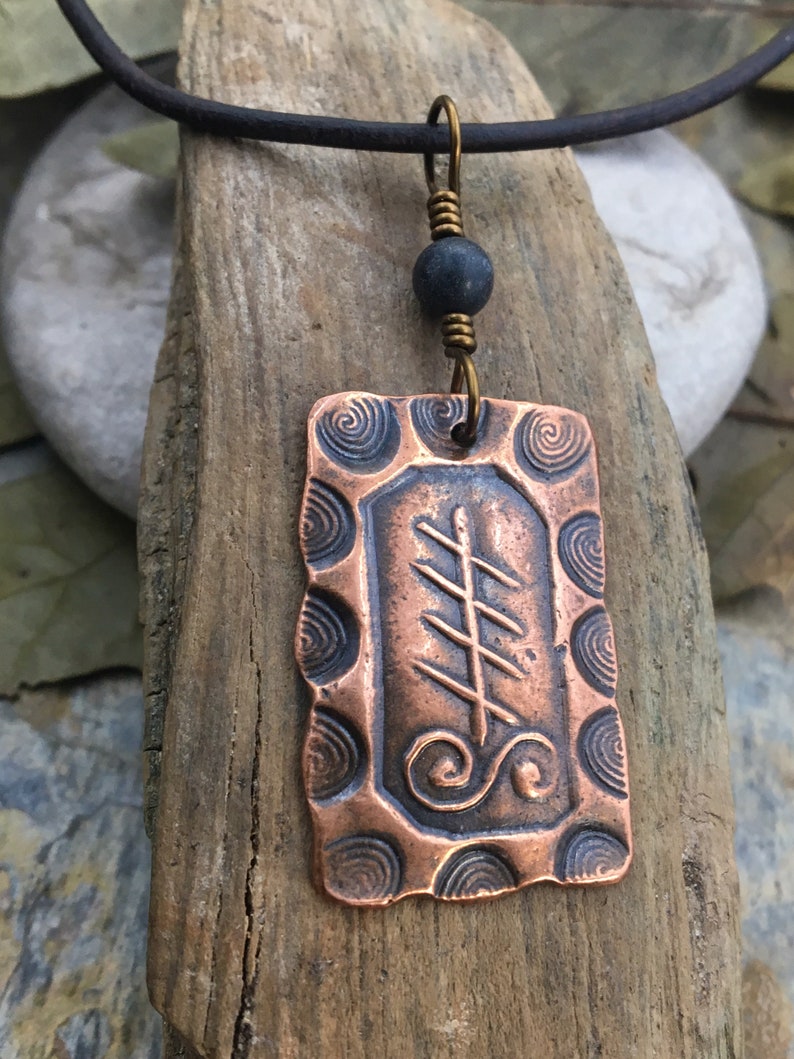 Blackthorn Ogham Charm, Copper Pendant, Celtic Trees, Connemara Marble, Hand Carved, Irish Celtic Spirals, Druid Sacred Trees, Irish Marble image 2