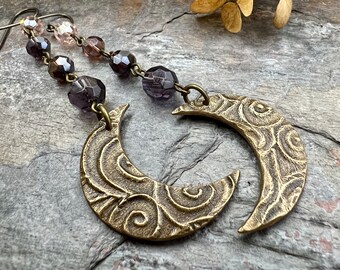 Crescent Moon Bronze Earrings, Purple Crystal Beads, Celtic Moon Goddess, Long Beaded Moon Earrings, Hypoallergenic, Pagan Wicca Art