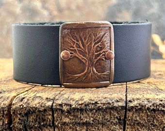 Tree of Life, Copper & Leather Cuff Bracelet, Unisex Jewelry, Hand Carved, Black Leather Adjustable Cuff, Size 6.75-8, Earthy Rustic Jewelry