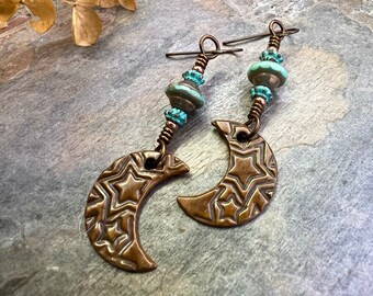 Crescent Moon Earrings, Copper Moon, Celestial Jewelry, Celtic Spirals, Witch Earrings, Pagan Spiritual, Crystal Beads, Moon Goddess