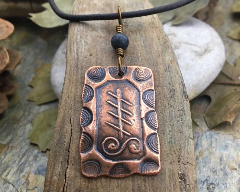 Blackthorn Ogham Charm, Copper Pendant, Celtic Trees, Connemara Marble, Hand Carved, Irish Celtic Spirals, Druid Sacred Trees, Irish Marble image 1