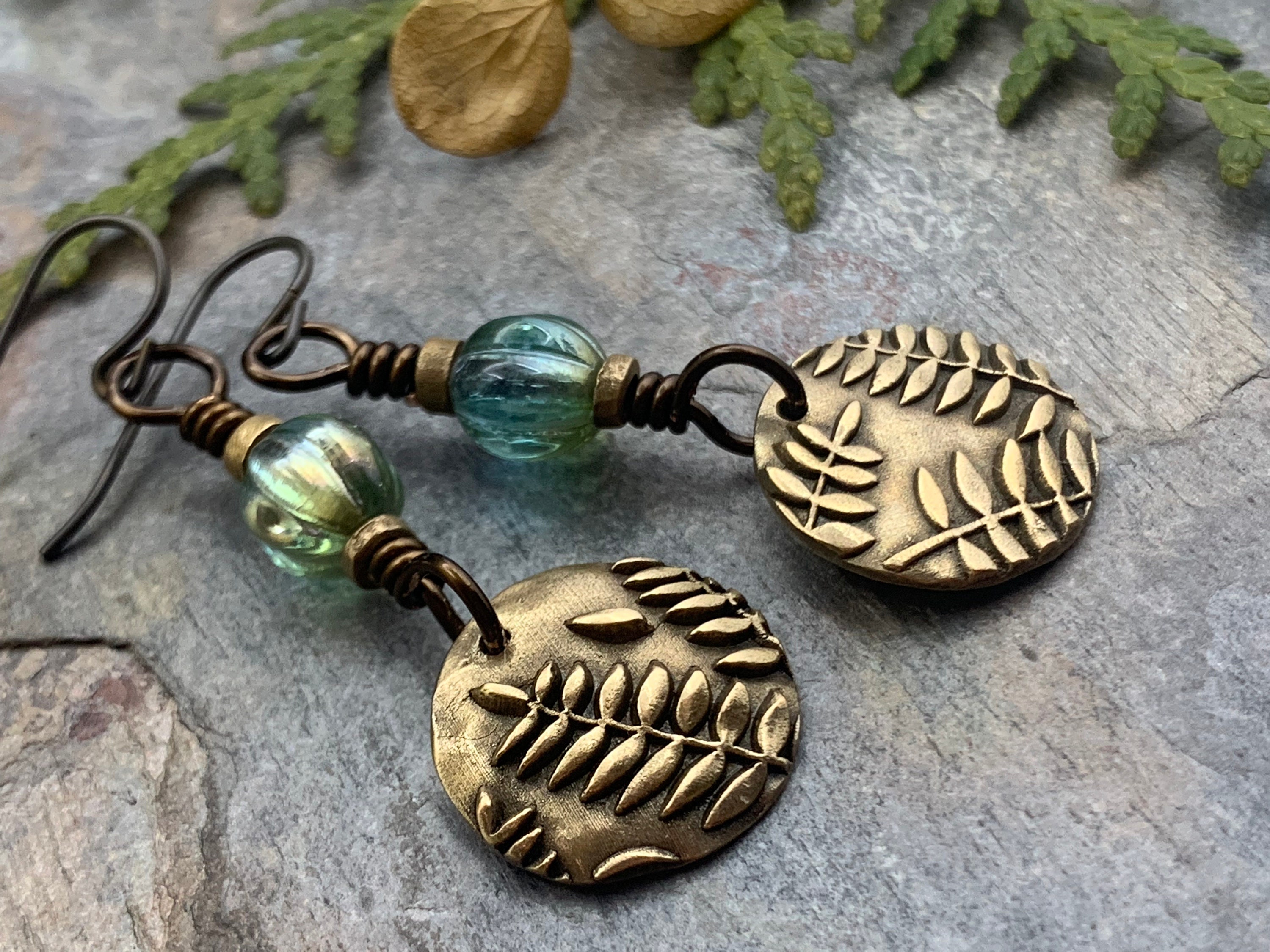 Czech Glass and Bronze Nautilus Shell Rustic Brass Dangle Earrings: Siren -  Created by Renée