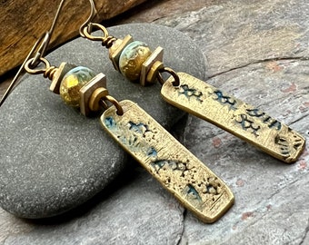 Bronze Dangle Drop Earrings, Coral Fossil Texture, Czech Glass Beads, Bronze and Blue, Hypoallergenic Niobium Ear Wires, Earthy Primitive