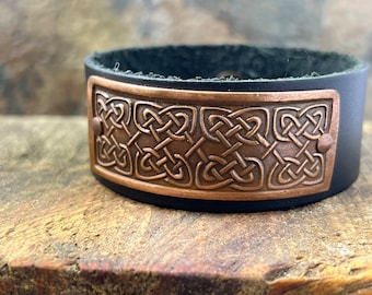 Celtic Knots, Copper & Leather Cuff Bracelet, Irish Celtic, Unisex Jewelry, Black Leather Adjustable Cuff, Size 6.75-8, Earthy Rustic