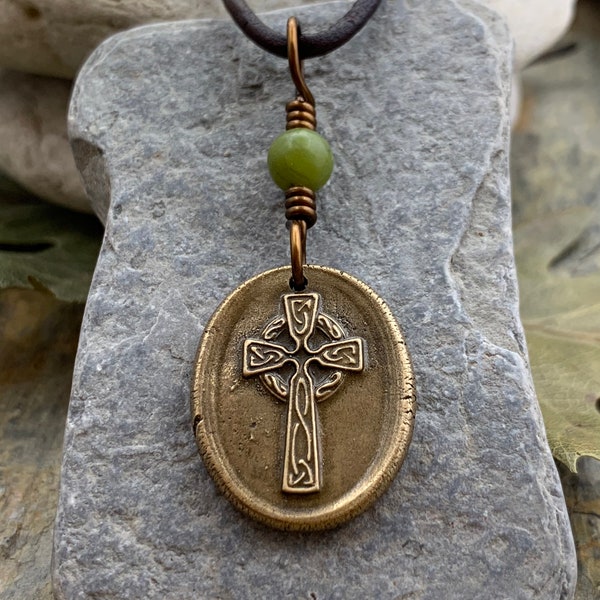 Cruz Celta, Collar de Bronce, Mármol Connemara, Joyería Celta Irlandesa, Encanto de Cruz, Joyería de Sello de Cera, Shamrock, Clover, Día de San Patricio
