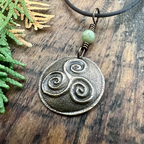 Triskele Bronze Charm, Triskelion Triple Spirals, Connemara Marble, Irish Celtic, Newgrange Spirals, Celtic Witch Goddess, Hand Carved Art