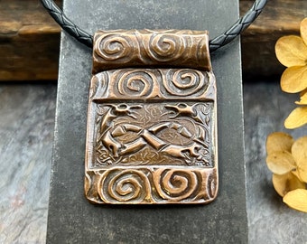 Celtic Hounds, Copper Pendant, Irish Celtic Jewelry, Celtic Knots Spirals, Earthy Rustic Jewelry, Leather Vegan Cords, Irish Dogs Wolfhounds