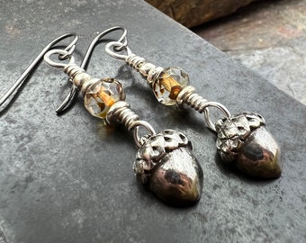 Acorn Sterling Silver Earrings, Hypoallergenic, Niobium Ear Wires, Czech Glass, Oak Tree Jewelry, Tiny Acorns, Druid, Earthy Woodland Gifts