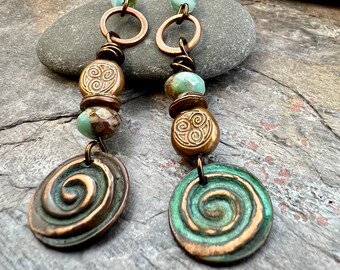 Copper Patina Spiral Earrings, Stacked Cairns, Spiral Beads, Czech Glass Beads, Hypoallergenic Ear Wires, Earthy, Arty Mismatched Earrings