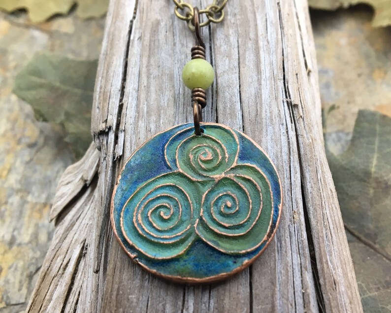 Newgrange Spirals Connemara Marble Triple Spiral Pendant Irish Celtic Jewelry Pagan Gifts Copper Patina Blue Green - Newgrange Triple Spiral Pendant Newgrange Spirals Connemara Marble Triple Spiral Pendant Irish Celtic Jewelry Pagan Gifts Copper Patina Blue Green - Newgrange Triple Spiral Pendant