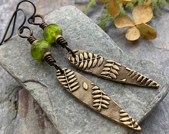 Fern Bronze Earrings, Teardrop Shield, Botanical Earthy, Green Witch, Hypoallergenic Ear Wires, Green Czech Glass, Handmade Art Jewelry