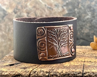 Tree of Life, Copper & Leather Cuff Bracelet, Unisex Jewelry, Hand Carved, Brown Leather Adjustable Cuff, Size 6.75-8, Earthy Rustic Jewelry