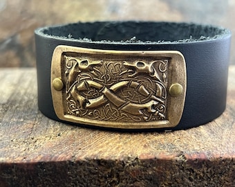 Celtic Hounds, Bronze & Leather Cuff Bracelet, Irish Celtic, Unisex Jewelry, Black Leather Adjustable Cuff, Size 6.75-8, Earthy Rustic