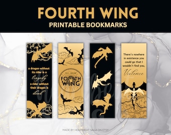 Digital Fourth Wing Bookmarks | Gold & Black | Basgiath | Xaden Riorson | Violet Sorrengail | Printable Bookmarks | Instant Download