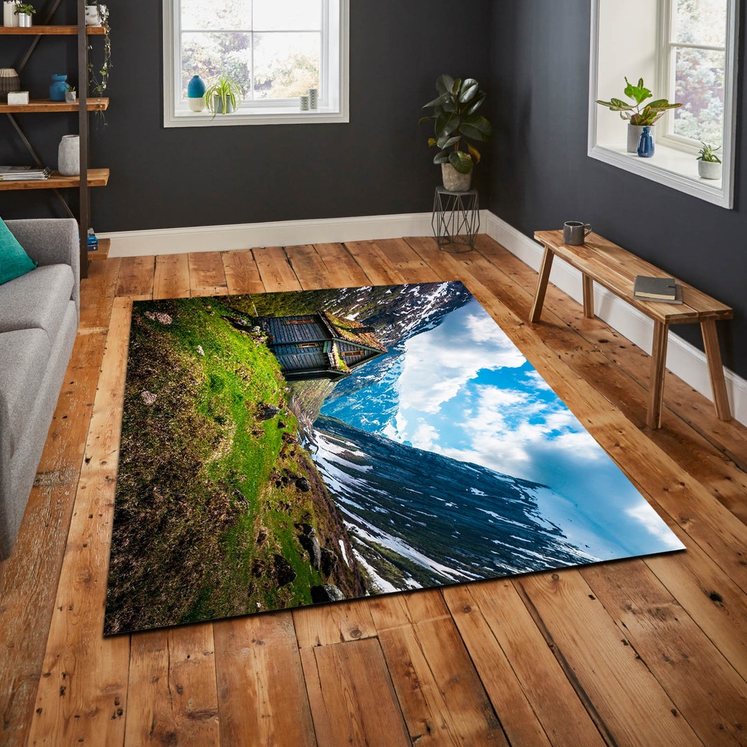 Mountain Landscape Rug, Lake and Mountain View Rug, Beautiful Relaxing ...