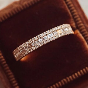 Baguette and Round Moissanite Wedding Band Women Half Eternity Ring 14K Gold Wedding Baguette Ring Matching Stacking Band Anniversary Gifts