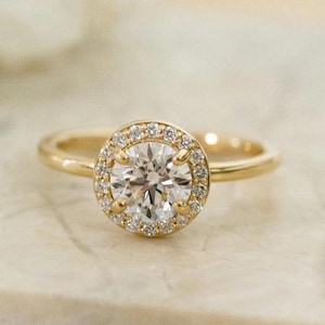 14k Solid Gold Round Halo Moissanite Engagement Ring Round Moissanite Ring Classic Proposal Ring for Her Moissanite Ring for Women/Wife