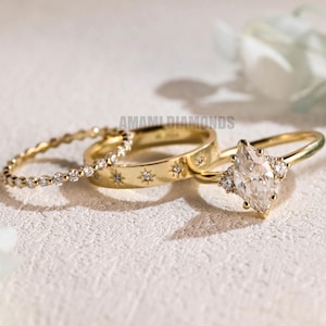 Solid Gold Marquise Moissanite Engagement Ring Set Vintage Side Cluster Trio Bridal Set Anniversary Gift for Her Star Engraved Ring for Her