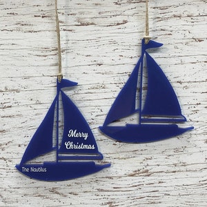 Sailboat Christmas Ornament Personalized Engraving Laser Cut from Wood or Acrylic Nautical Christmas Ornaments Gift for Sailor image 1