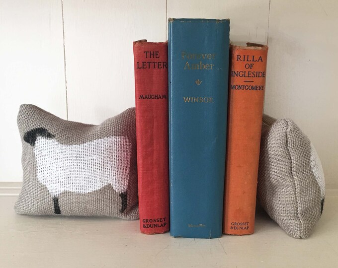 Suffolk Sheep Bookends - Petit Feed Sack Pillow Pair - Unique paper weight, bookends, pin cushion, etc
