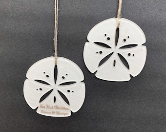 Sand Dollar Beach Ornament Personalized   First Christmas Married Ornament 2022 - Coastal Christmas Tree Ornaments - Beach Wedding Favor