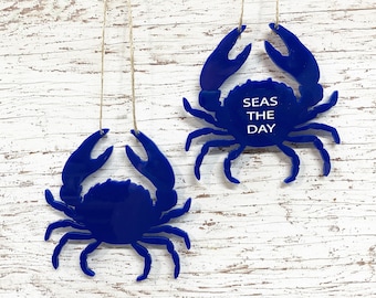 Blue Crab  Ornament- Personalized Engraving - Laser Cut from Wood or Acrylic - Nautical Personalized Tags for Christmas - Seas the Day quote