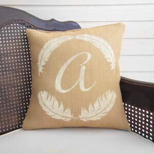 Featherly - Monogram Pillow - Burlap Pillow - Feather Decor - Burlap Monogram Pillow - Personalized - Feather Print Pillow - Feather Pillow image 1