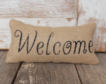 Welcome -  Burlap Feed Sack Doorstop - Typography Door Stop