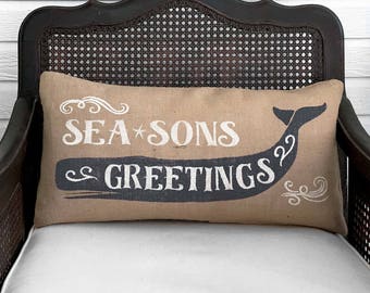 Seasons Greetings Whale -  Nautical Pillow Christmas  -  Burlap Christmas Pillow  - Nautical Christmas Decor -  Nautical Pillow Whale