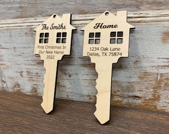 Key New Home Ornament for Christmas  - Personalized Name and Address  Laser Engraved Housewarming Gift  - First Christmas in our New Home