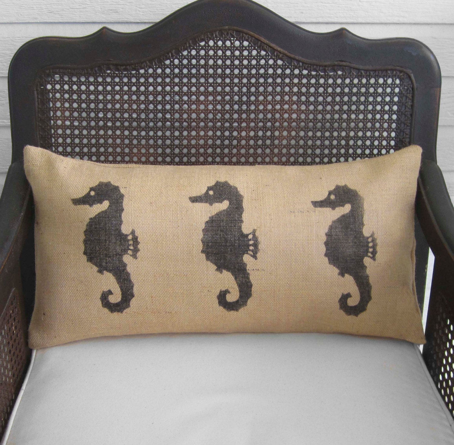 Seahorse Pillow Burlap Pillow Coastal Pillow Lumbar Pillow